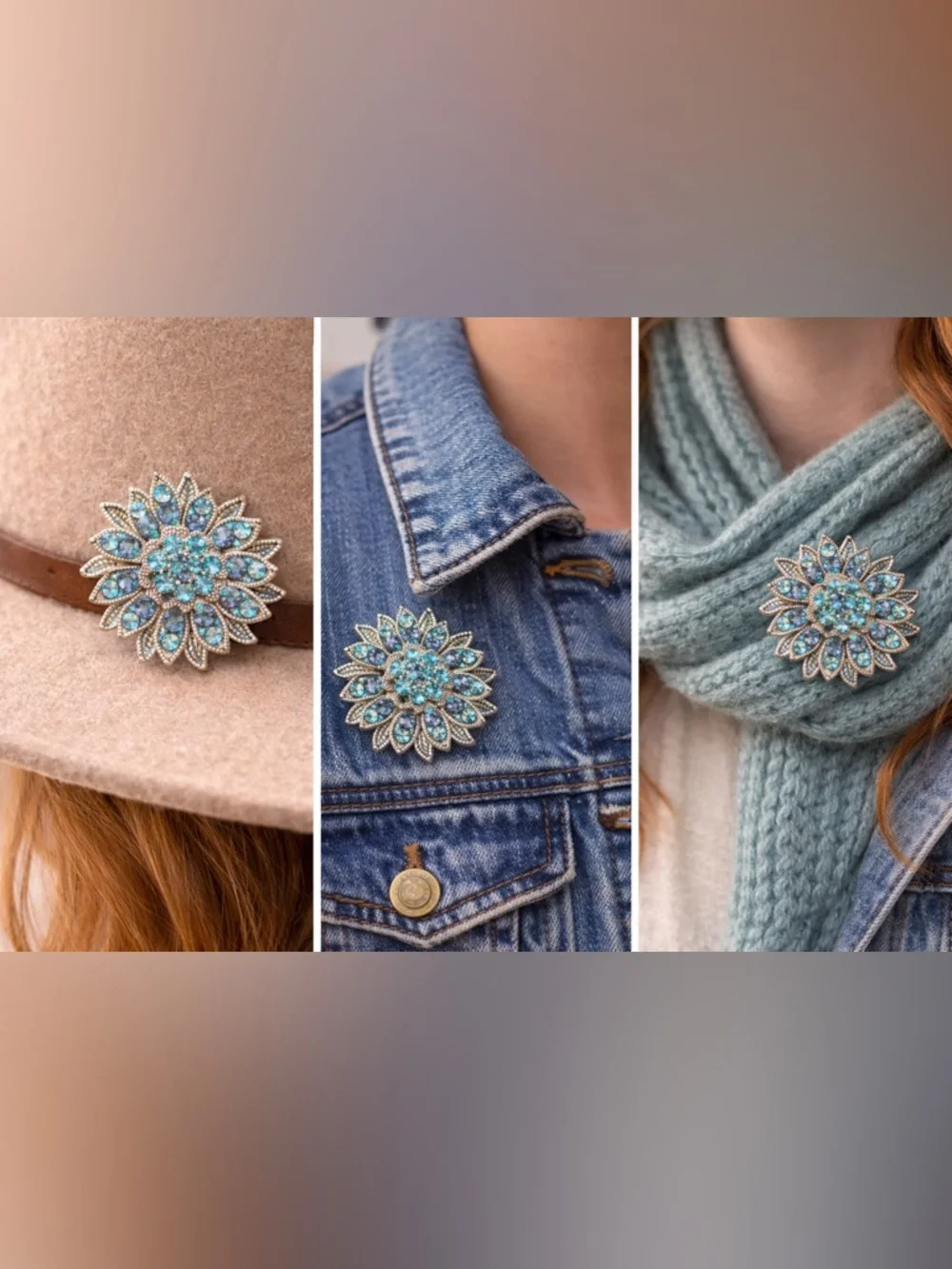 🔥 2/20: Silver Floral Blue Aqua Crystal Brooch